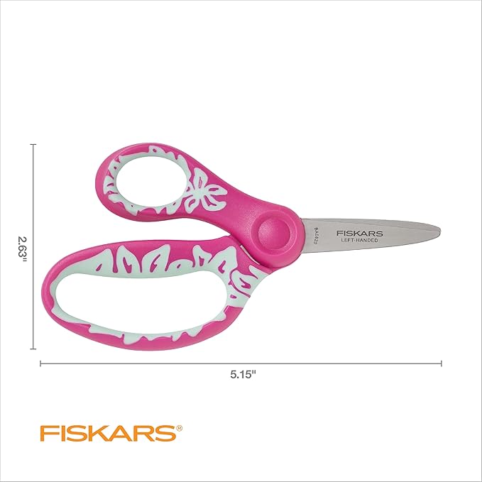 Fiskars 5" SoftGrip Left-Handed Kids Scissors, Pointed Tip, Pink/Light Blue Floral, Safety Edge for Precision Cutting
