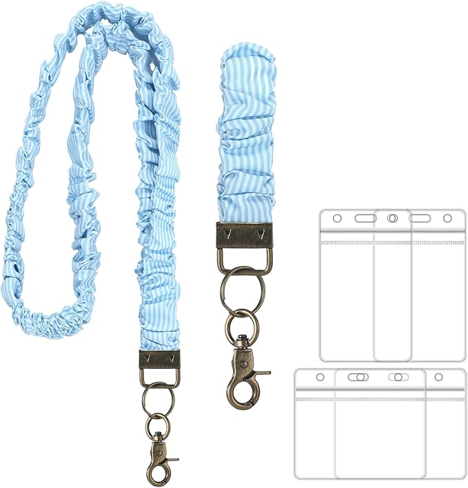Marspark 2 Set Scrunchie Lanyards with 4 Card Holders for ID Badges and Keys Cute Stretchy Scrunchie Neck and Wrist Lanyards for Teacher Women Nurses School Office Supplies(Blue, Striped)