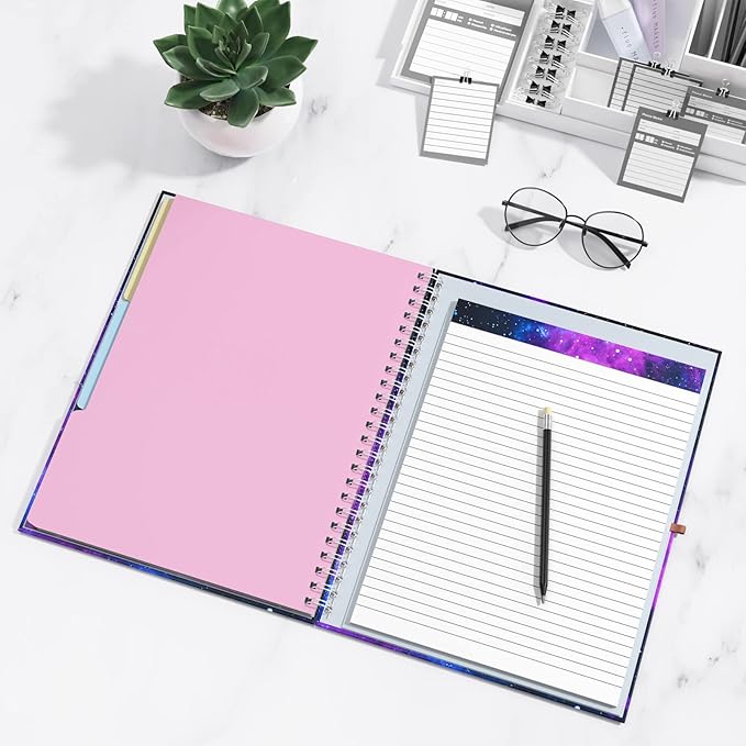 Rimilak Spiral Clipboard Folio with Refillable Lined Notepad, 14.5 x 9.8 In, Hardcover Cover with 5 Interior Pockets, Elastic Band and Pen Loop Series. Cute Stylish Clipfolio, Galaxy