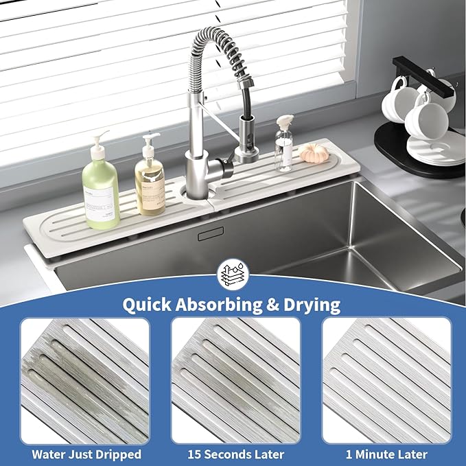 Faucet Mat for Kitchen Sink, Water Absorbent Kitchen Faucet Mat, Durable Sink Splash Guard with Raised Feet, Diatomite Fast Drying Kitchen Sink Faucet Mat, Bathroom Stone Drying Tray for Counter