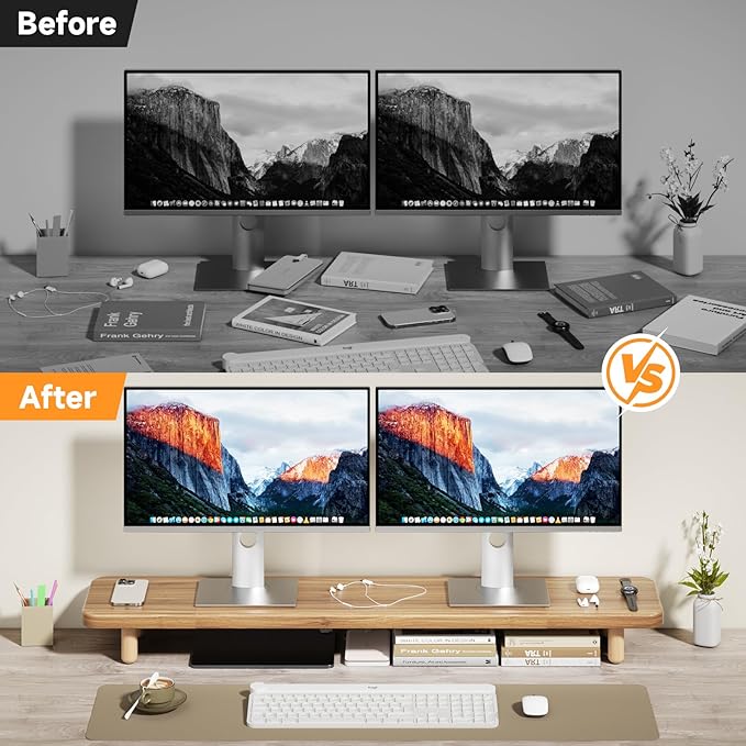 Dual Monitor Stand Riser, 39 Inch Extra Long Wooden Desktop Monitor Riser with Storage for 2 Monitors Ultra Strong Desk Shelf Organizer Riser Ergonomic for 2 Screens/Laptop/PC/TV/Printer, Light Walnut