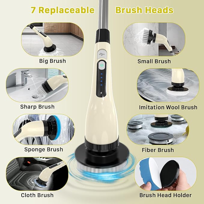 Electric Spin Scrubber, Cordless Cleaning Brush, Shower Scrubber with 7 Replaceable Brush, 2 Speeds and Adjustable Extension Handle for Bathroom Shower Bathtub Glass Car(Beige)