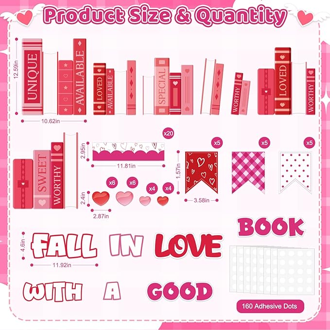69Pcs Valentine's Day Reading Bulletin Board Decorations, Valentines Library Classroom Bulletin Board Set Heart Book Cutouts Home Window Door Wall February Party Decor for Teacher