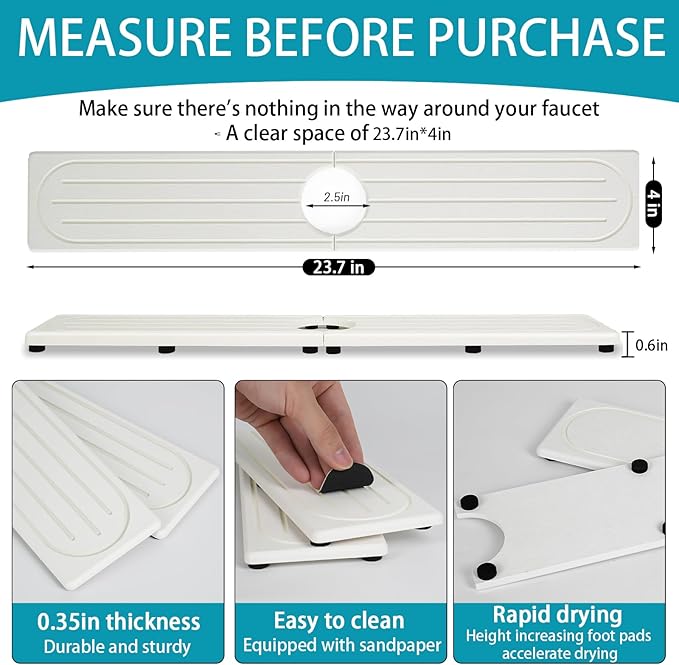 Faucet Mat for Kitchen Sink with Raised Feet, Stone Sink Mat Quick Dry around Faucet, Water Absorbent Stone Tray, Sink Splash Guard & Protectors, Stone Drying Mat for kitchen Counter