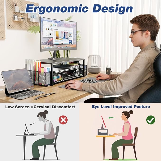 OPNICE Desk Organizers and Accessories, 2-Tier Computer Monitor Stand Riser with Drawer and 2 Pen Holders, Laptop Stand, Office Desk Accessories for Office Supplies, Blue
