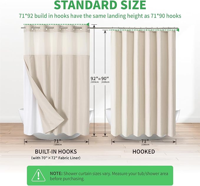 Extra Long No Hooks Needed Linen Textured Shower Curtain with Snap-in Fabric Liner Set,Cream Hotel Luxury Decor Shower Curtains for Bathroom,Waterproof & Washable,71Wx92H