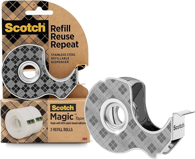 3M Scotch Mending Tape, 66% Plant Based Adhesive, Stainless Steel Dispenser + 2 Rolls of Tape, 123R, 0.7 inches (19 mm) x 49.4 ft (13.7 m)