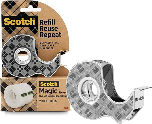 3M Scotch Mending Tape, 66% Plant Based Adhesive, Stainless Steel Dispenser + 2 Rolls of Tape, 123R, 0.7 inches (19 mm) x 49.4 ft (13.7 m)