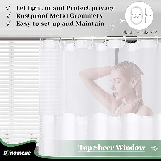 Dynamene Fabric Shower Curtain with Snap in Liner, White Waffle Hotel Shower Curtains for Bathroom, Washable Waterproof Cloth Shower Curtain Liner Set with Plastic Hooks, Mesh Top Window, 72x72