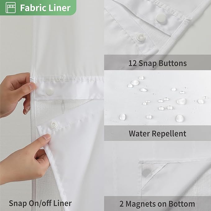 No Hook Extra Long Shower Curtain Set with Snap-in Liner,Linen Textured Thick Striped Fabric with Tassels,Boho Chic Modern Farmhouse Bathroom Curtain,Water-Repellent,White,71x86