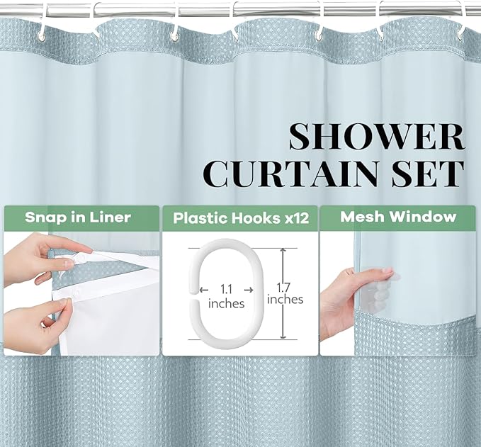 Dynamene Fabric Shower Curtain with Snap in Liner, Fog Blue Waffle Hotel Shower Curtains for Bathroom, Washable Waterproof Cloth Shower Curtain Liner Set with Hook, Mesh Top Window, 72x72, Fog Blue