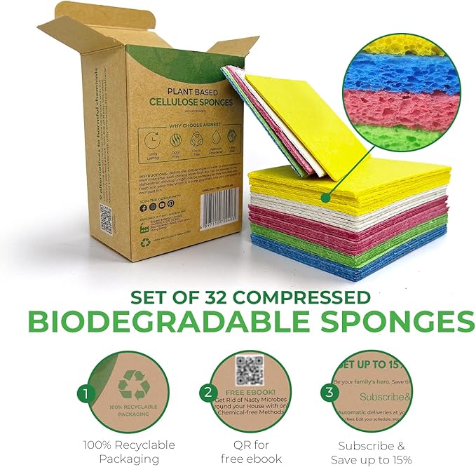 Biodegradable Compressed Cellulose Sponges - Pack of 32 Pop Up Natural Dish Sponges - Multicolor Non Scratch, Heavy Duty, Multipurpose, Compostable and Eco Friendly