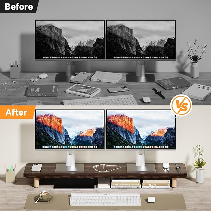 Dual Monitor Stand Riser, 39 Inch Extra Long Wooden Desktop Monitor Riser with Storage for 2 Monitors Ultra Strong Desk Shelf Organizer Riser Ergonomic for 2 Screens/Laptop/PC/TV/Printer, Dark Walnut