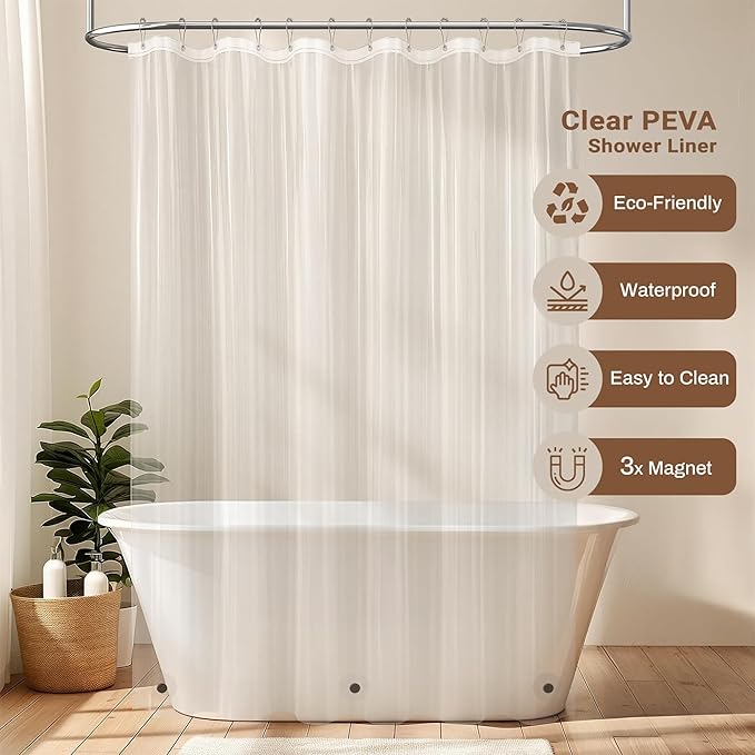 BTTN 3 in 1 Shower Curtain Set, Navy Blue Linen Textured Fabric Shower Curtain and Clear Liner Set with Plastic Hook, Modern Hotel Luxury Weighted Waterproof Shower Curtain for Bathroom, Blue, 72x72