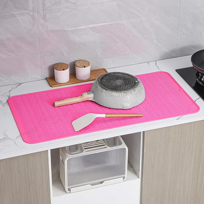 Silicone Dish Drying Mat for Multiple Usage,Easy clean,Eco-friendly,Heat-resistant Silicone Mat for Kitchen Counter or Sink,Refrigerator or Drawer Liner Rose 5XL 36inches x 18inches