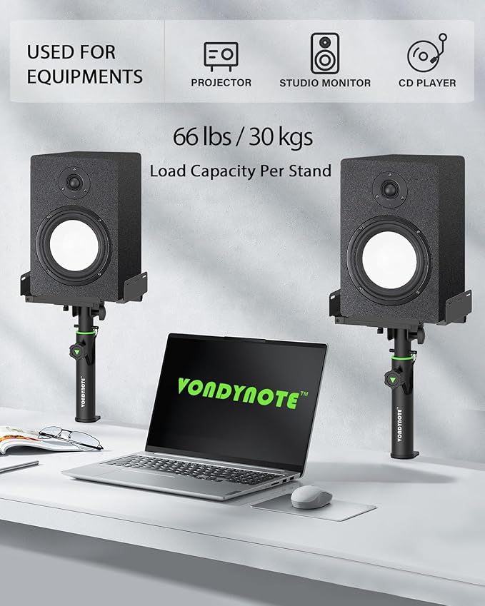 Set of 2 Dual Side Clamping Studio Monitor Stands Desk Clamp Speaker Stands 0-12°Tilt Height Adjustable Extendable Top Plate Mounted by Screws