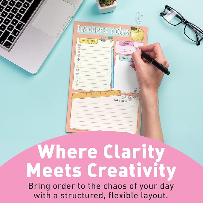 Sweetzer & Orange Teacher Planner Pad – Weekly Undated Lesson Planner for Teachers – 60 Tear-Off Sheets – 9” x 6” Compact Desk Notepad with Notes and Contact Section – Stylish Peach Border