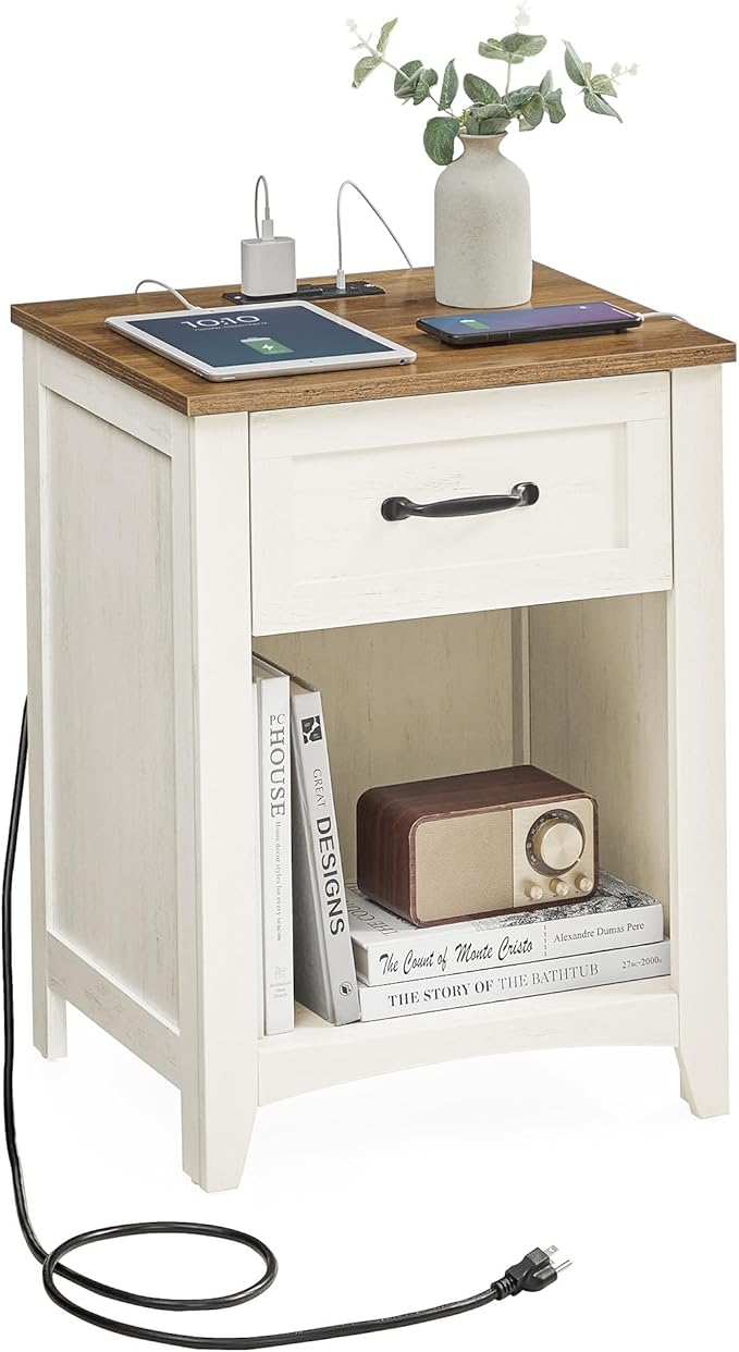 VASAGLE LIRY Collection - Farmhouse Nightstand with Charging Station, Bedside Table, Side Table with Drawer, Open Compartment, for Bedroom, Rustic White and Honey Brown ULET659K41