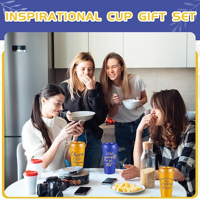12 Pcs Inspirational Gifts for Employee Coworkers Staff Teammate, 16oz Reusable Plastic Coffee Cups with Positive Sayings, Bundle Gifts for Woman Man Coworker (Blue,Gold,Inspirational)