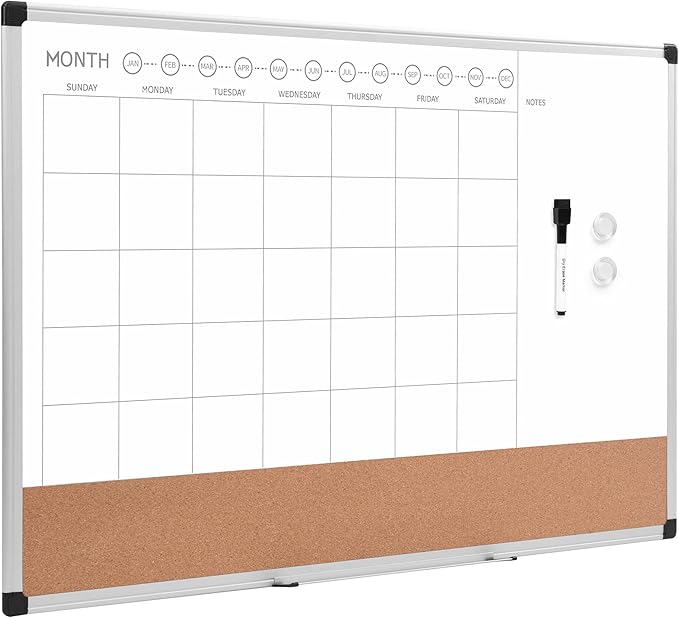 Amazon Basics 24" x 36" Monthly Whiteboard Calendar with Cork Board, Wall Mounted, Easy to Install, Silver Aluminum Frame, Erasable Planning Organization