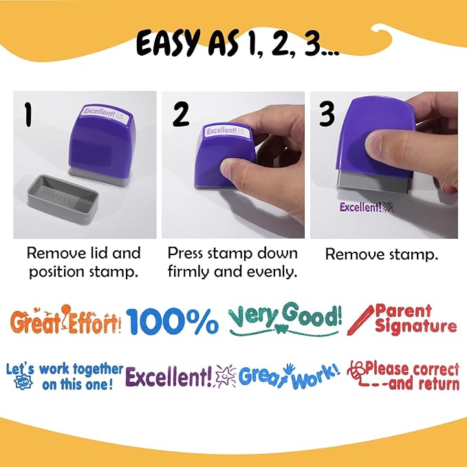 8-Pcs Self-Inking Teacher Stamps for Classroom – Colorful Motivational Stamps Set with Transparent Storage Box, Perfect for Grading Homework, Rewards & Parent Signatures (Rainbow)