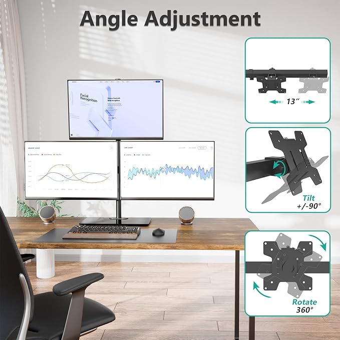WALI Triple Monitor Stand, Height Adjustable Free-Standing Monitor Desk Mount, fits 3 Computer Screens up to 27 Inch, Holds up to 22lbs per Arm (GMF003)