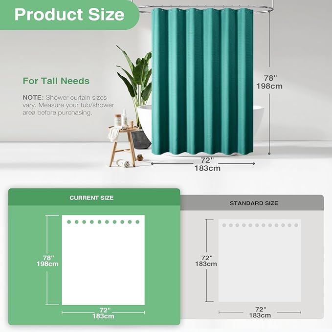 Dynamene Long Fabric Shower Curtain - 78 inch Long Waffle Weave Weighted Cloth Shower Curtains for Bathroom, Heavy Duty Hotel Spa Luxury Bath Curtain Set with 12 Plastic Hooks,72x78, Seaweed Green