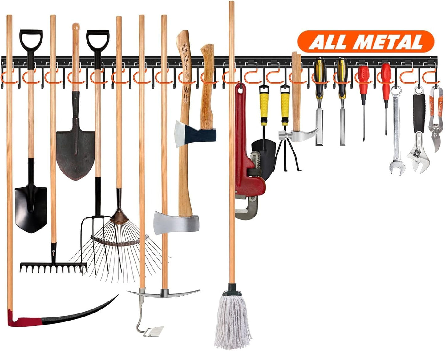 68'' All Metal Garden Tool Organizer Wall Mount Garage Tool Organizers and Storage Broom Holder Wall Mount with Hooks Tool Hangers for Shed
