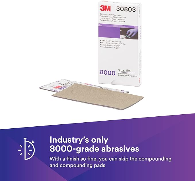Trizact 3M Hookit Foam Backing Abrasive Sheet, 30803, Collision Repair, Sand Scratches, Blend Panels, 70 mm x 140 mm, 8000 Grade, 5 Sheets/Pack