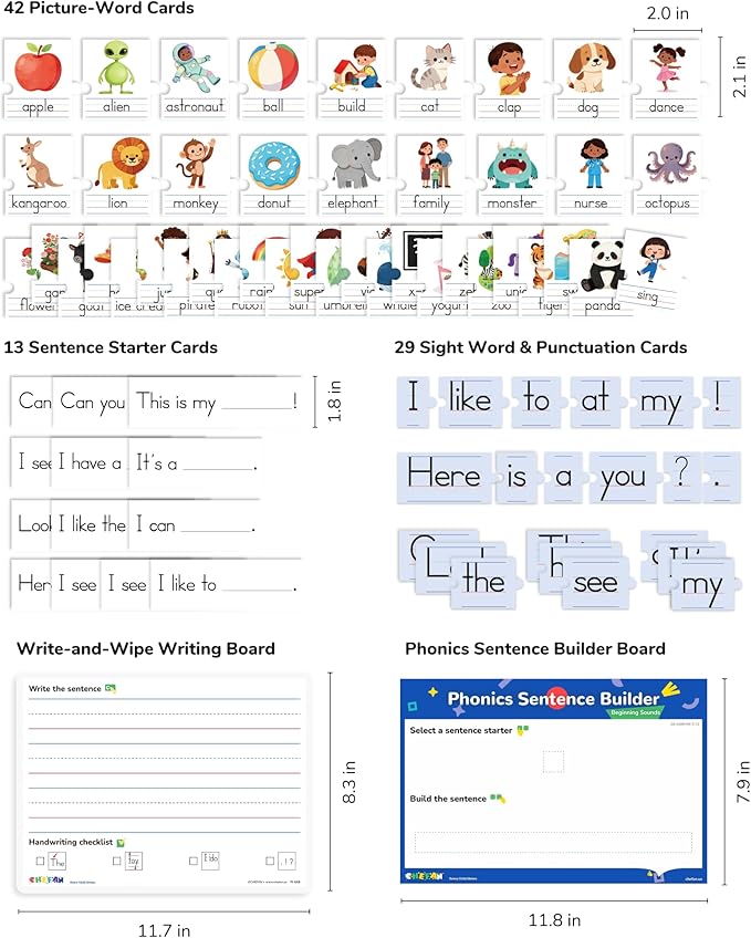 CHEFAN Sentence Building Phonics Flash Cards Kit, Sight Words & Picture Cards with Writing Board, Alphabet Learning Activities for Toddlers & Kids PreK Kindergarten 1st Grade, Speech Therapy Toys
