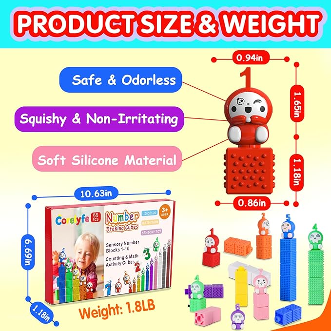 65PCS Sensory Stacking Cubes for Toddlers | Textured Soft Counting Cubes for Color & Number Learning | Squeezable Montessori Educational Building Toys, Preschool Learning Activities for Kids Ages 2-5