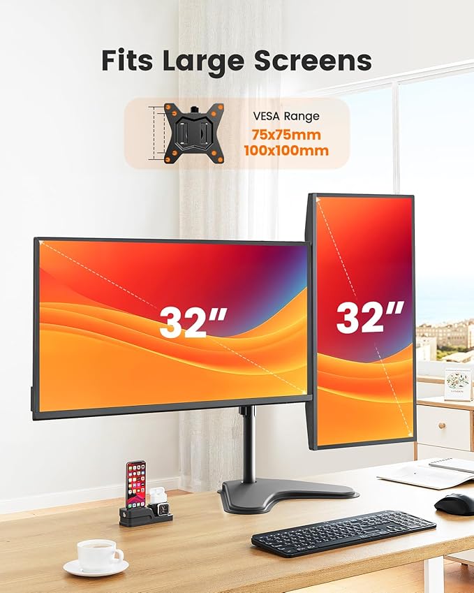 ErGear Freestanding Dual Monitor Stand for 2 Screens up to 32 inch, Heavy Duty Monitor Mount Holds Max 17.6 lbs per Arm, Height Adjustable Gaming Monitor Stand for Desk, VESA 75x75/ 100x100mm, Black