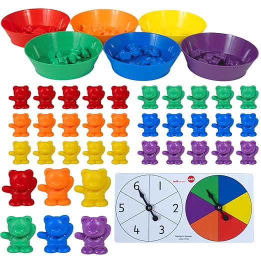 edxeducation Counting Bears with Matching Bowls | 60 Counters, 6 Bowls, 2 Spinners | Color Sorting Sensory Toys | Early Math Manipulatives