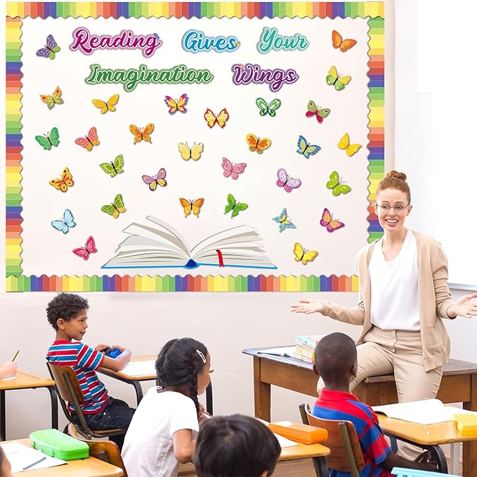 Reading Bulletin Board Decorations Set Classroom Spring Butterfly Bulletin Board Borders Cutouts Decor Reading Gives Your Imagination Wings School Bulletins Boards Craft Home Wall(Read)