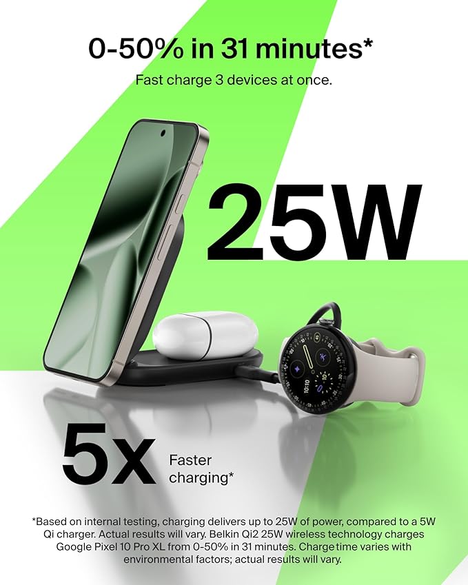 Belkin MagSafe Charger Compatible, 2-in-1 Charging Station, Qi2.2 25W Magnetic Wireless Charger Dock, Foldable Stand, with 5W USB-C Port, for iPhone 17/16/15, Pixel 10, AirPods (45W Adapter Included)