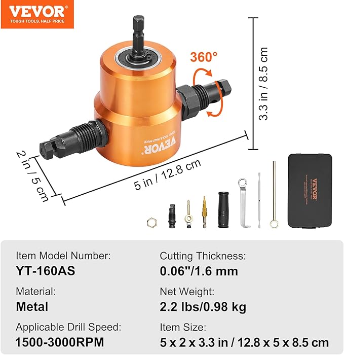 VEVOR Double Head Sheet Metal Nibbler Cutter, 360 Degree Metal Nibbler Drill Attachment with Extra Punch and Die, Cutting Hole Accessory and Step Drill Bit, for Straight Curve and Circle Cutting