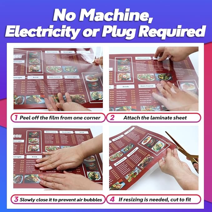 Self Adhesive Laminating Sheets 12.3x17.1 inch, 20 Pack, 4mil Thickness, No-Machine Needed, QuickPeel, Instashield, Stick&GO (20 Sheets, Menu Size 4mil)