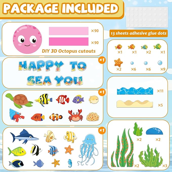 Justforjoyful 93 Pcs Sea Animal Bulletin Board Summer Classroom Decoration Under the Octopus Cutouts for Kids School Supplies Happy to Sea You Paper Wall Decor Summer Ocean Fish Cardstock Party Decor