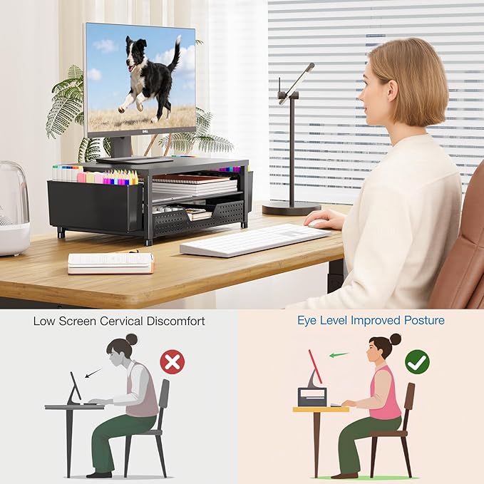 OPNICE Desk Organizers and Accessories, Computer Monitor Stand Riser with Drawer and 2 Pen Holders, Laptop Stand, Office Desk Accessories & Workspace Organizers for Home Office Supplies, Black