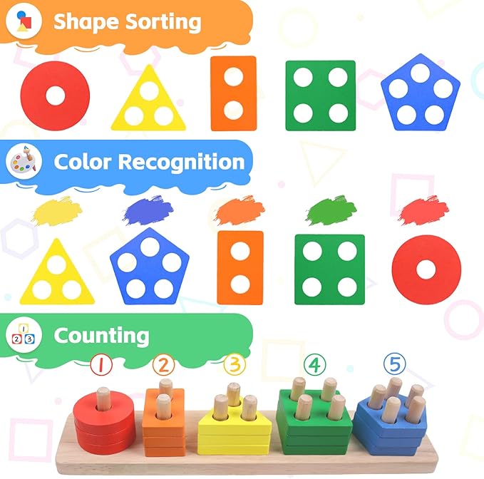Montessori Toys for 1 2 3 Year Old - Wooden Baby Stacking Toys Sensory Educational Shape Sorter Color Sorting Toy for Toddlers 1-3, Preschool Learning Birthday Gifts for Baby Girls Boys Kids