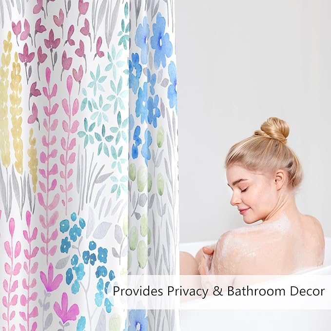 Extra Long Shower Curtain 72 x 84 Inch, Tall Cute Floral Shower Curtain for Bathroom, Blue Pink Yellow Wildflower Boho Cottagecore Fabric Shower Curtain Set with Hooks