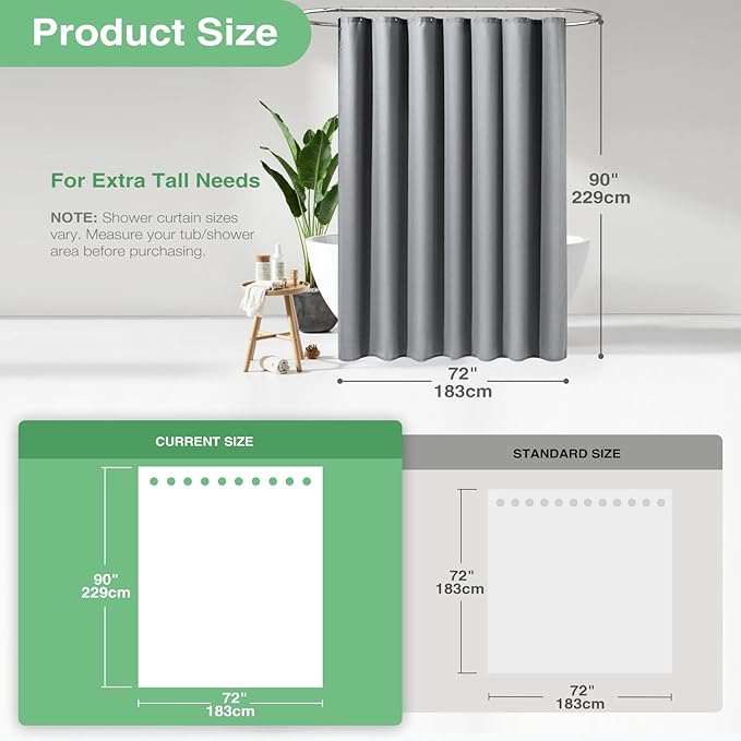 Dynamene Extra Long Fabric Shower Curtain - Waffle Weave 90 Inches Long Heavy Duty Cloth Shower Curtains for Bathroom, 256GSM Tall Hotel Luxury Bath Curtain Set with 12 Plastic Hooks,Grey/Gray