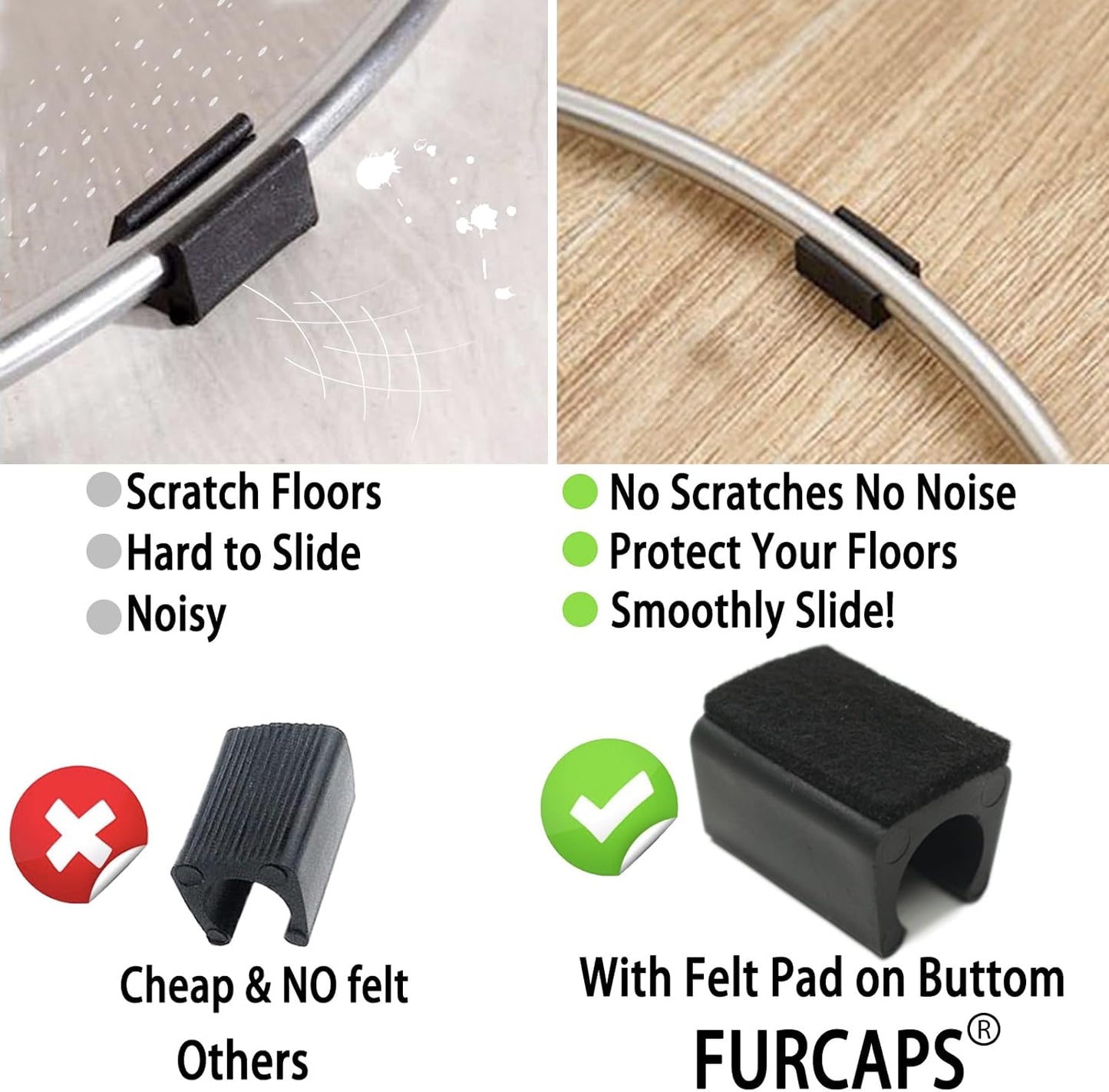 Rectangle U Shaped Chair Leg Tips Cap with Felt Pads,Furniture Feet Protectors Slide Smoothly Glides,Protect Hardwood Floor No Scratches No Noise,Fit 16mm(5/8inch) Diameter Tubular Legs (Black 8PCS)
