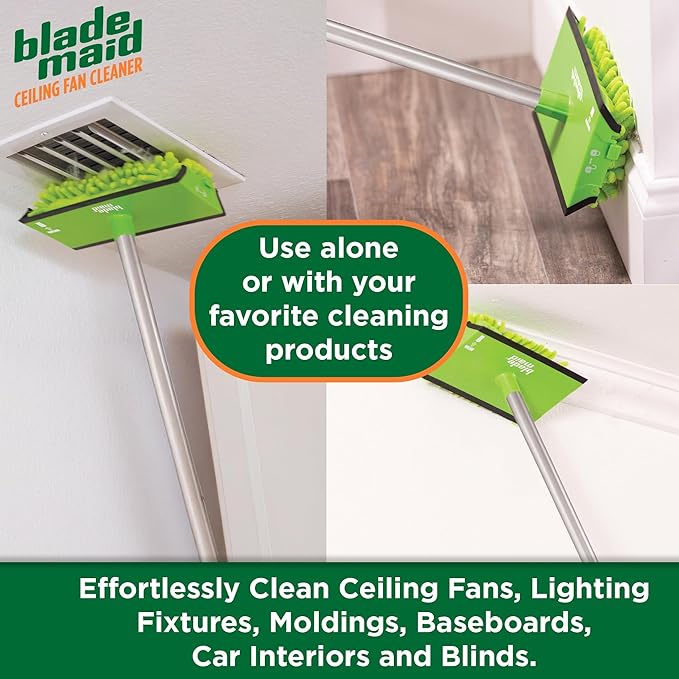 Blade Maid Ceiling Fan Cleaner- Cleaning Tool with 3 Foot Extendable Pole, Cleaning Head, Reusable Fiber Duster, & Flexible Brush