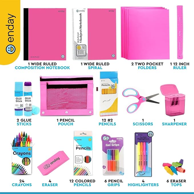 Enday Back to School Supplies for Kids, Pink School Supply Box Grades K-5, Premium Quality Kids School Supplies Kit, Kindergarten School Supplies for Girls and Boys, 71 Piece Set
