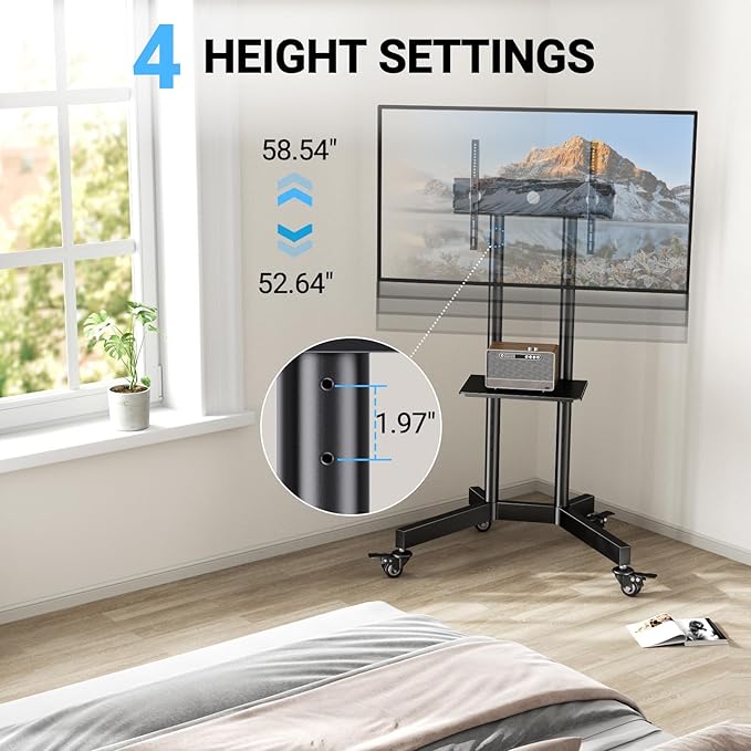 PERLESMITH Rolling TV Stand with Lockable Wheels for 32-86 Inch TVs Holds up to 132 Lbs, Height Adjustable Mobile TV Stand on Wheels with Laptop Shelf, Rolling Tv Cart Max VESA 600x400mm PSTVMC01