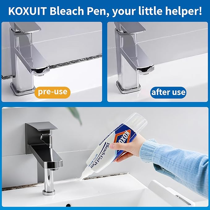 Portable Dual-Tip Bleach Pen for White Clothes & Grout - Travel-Ready 2-in-1 Gel Applicator with Brush Head, Non-Drip Cleaner for Bathroom Lines & On-The-Go Use (Unscented 1 Pack)