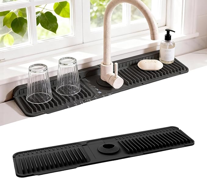 Faucet Mat for Kitchen Sink, 24"X5.5" Silicone Sink Splash Guard with Soap Holder, Snap-On Design & 7°slope Fast Drain, Folding Sink Faucet Mat for Universal Kitchen Bathroom Sink（Black）