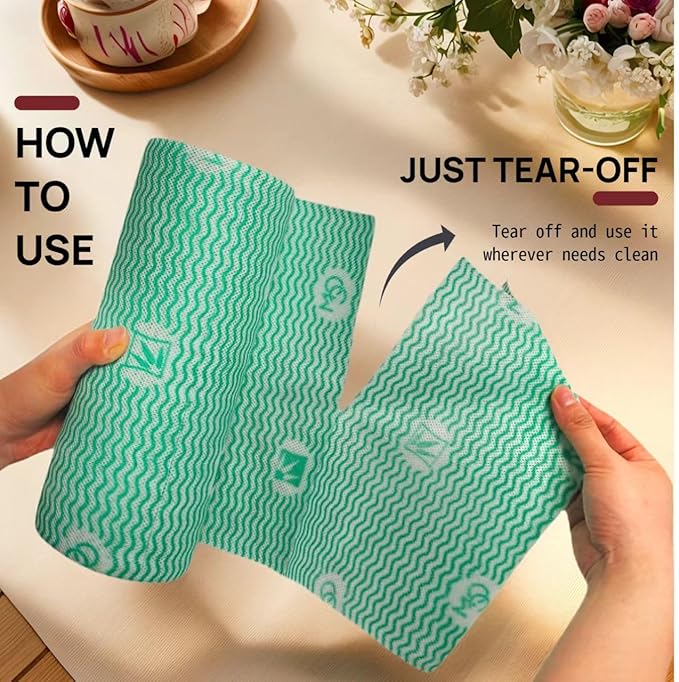Lazy Cleaning Cloths, Disposable Microfiber Cloths, Reusable Dish Rags, Dry/Wet Use for Dishware, Countertops, Stove, Camping, RVs, Tearable Roll Design (55 Sheets, 9.45"x11.81",Green)