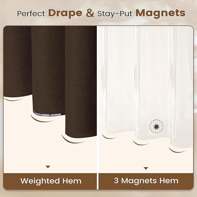 BTTN Brown 3 in 1 Shower Curtains with Clear Liner, Linen Textured Decorative Cloth Shower Curtain PEVA Liner Set with Plastic Hook, Modern Hotel Luxury Waterproof Shower Curtain for Bathroom, 72x72
